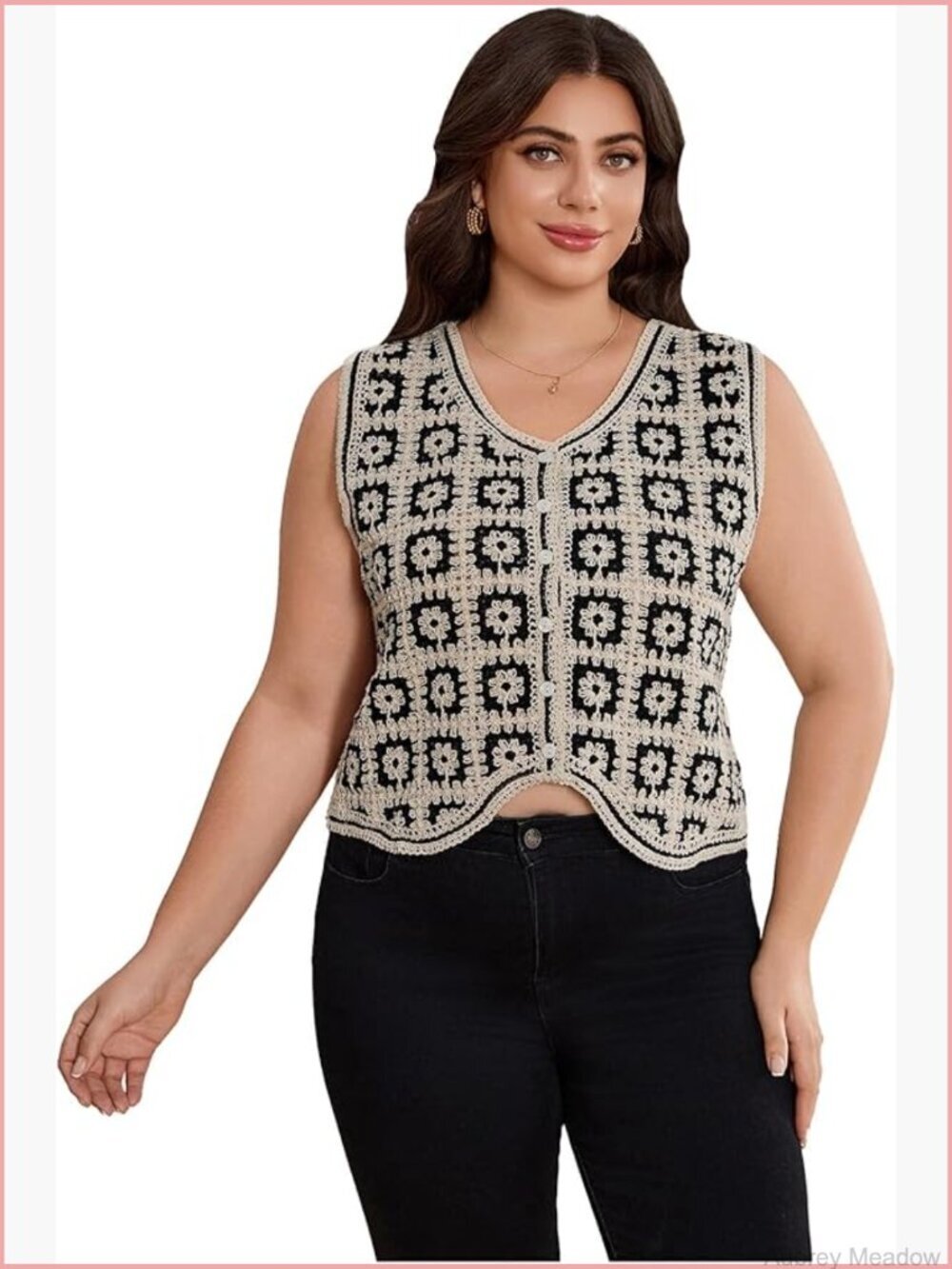 Plus Size Western Crochet Sweater Vest Floral Checkered Button Up Sleeveless